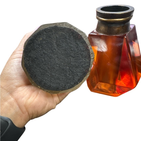 Vintage Amber Glass Bottles w/ Brass Finials | Set of 3 | Heavy Apothecary Decor - Picture 4 of 8